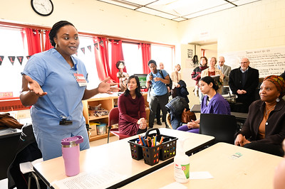 February 11, 2025- Mayor Michelle Wu joins a discussion of programming investments at Madison Park Vocational High School focusing on strenghtening Program Advisory Boards and Co-op opportunities for students. (Mayor's Office Photo by Isabel Leon)