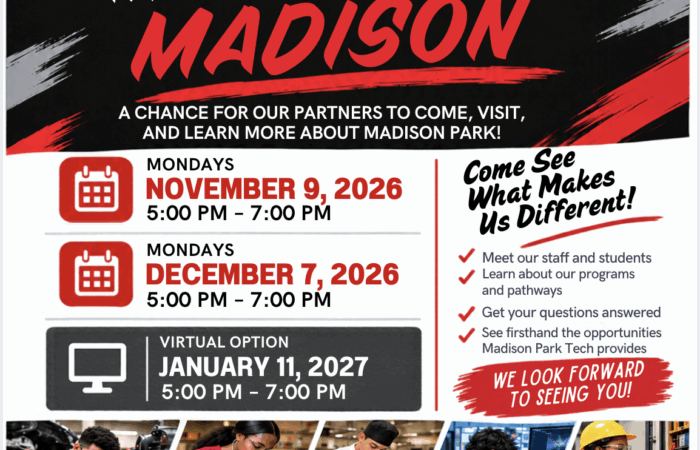 This is a poster about Mondays at Madison, which invites our community partners to visit Madison Park Technical Vocational High School, connect with students and staff, and explore our academic and career technical education programs.